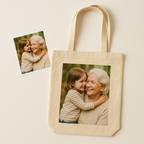 Natural canvas tote bag printed with a family photo, next to the original photo print