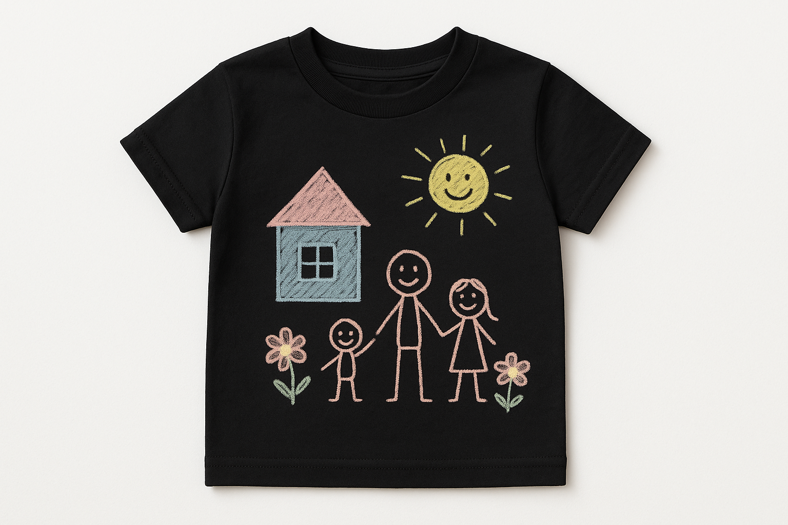 a todler's t-shirt in black color. on it in a design drawn by her as a child with minimalist colors